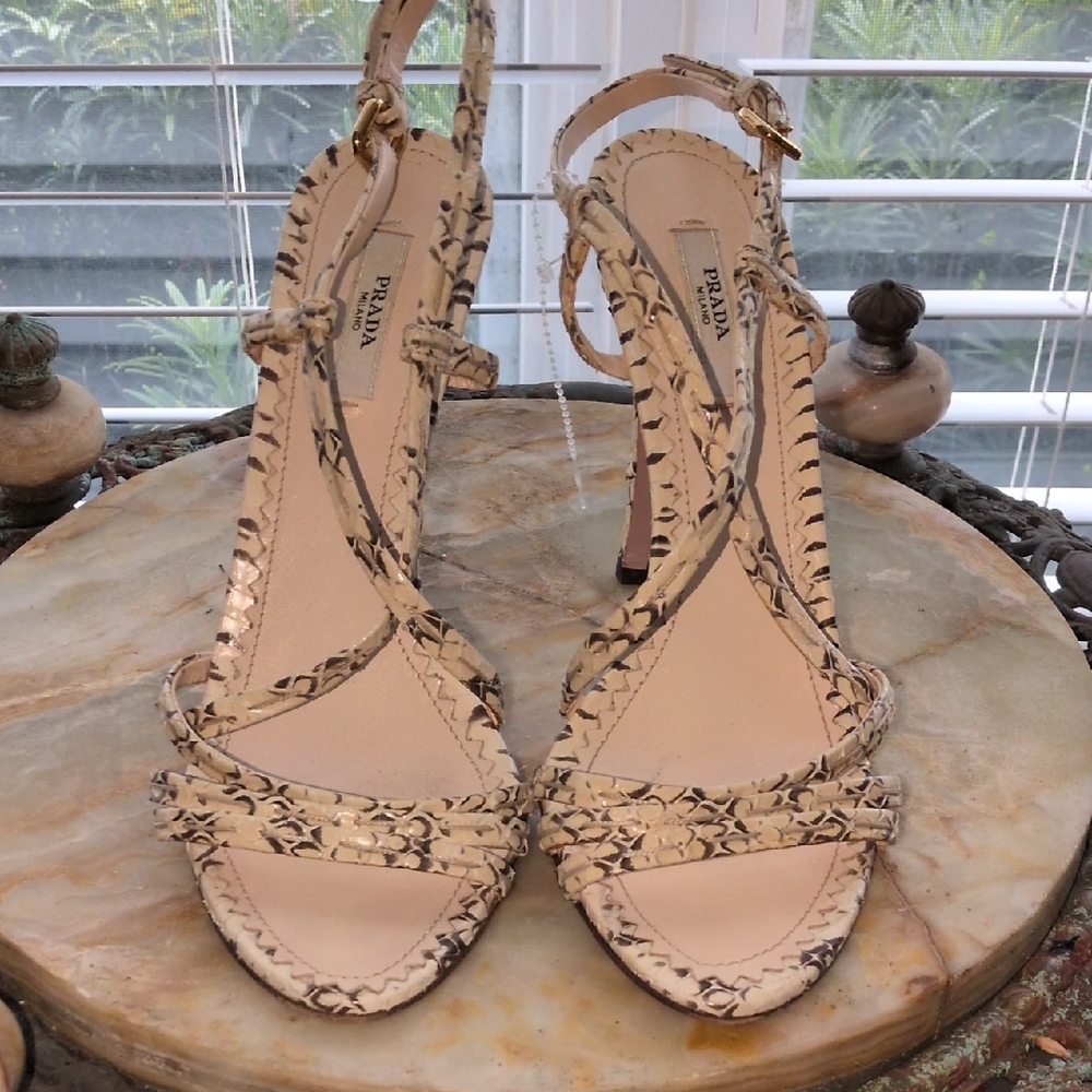 Prada Women's Beige and Black snakeskin Strappy Heels Size 37